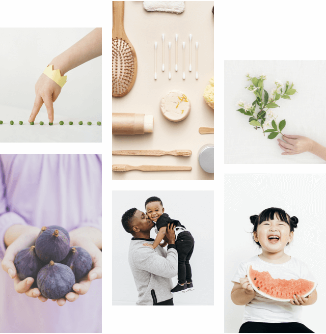 Child playing with his fingers. Baby utensils. Hand holding a branch. Woman holding fruits in both hands. Man holding and kissing child in his lap. Child eating watermelon and laughing.